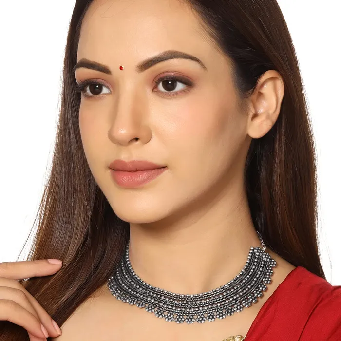Yellow Chimes Yellow Chimes Necklaces for Women Adjustable Silver Oxidised Beads Studded Choker Necklace for Women and Girls NK 2 Necklaces