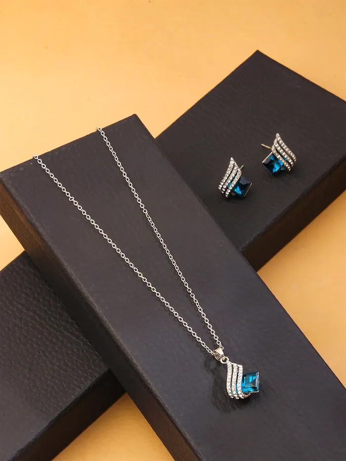 Yellow Chimes Yellow Chimes Pendant Set for Women and Girls Blue Crystal Pendant Set For Women Silver Toned Pendant With Earrings Set for Girls Birthday Gifts For Women Valentine Gift for Girls Necklaces