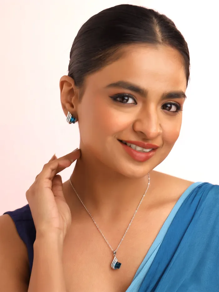 Yellow Chimes Yellow Chimes Pendant Set for Women and Girls Blue Crystal Pendant Set For Women Silver Toned Pendant With Earrings Set for Girls Birthday Gifts For Women Valentine Gift for Girls Necklaces