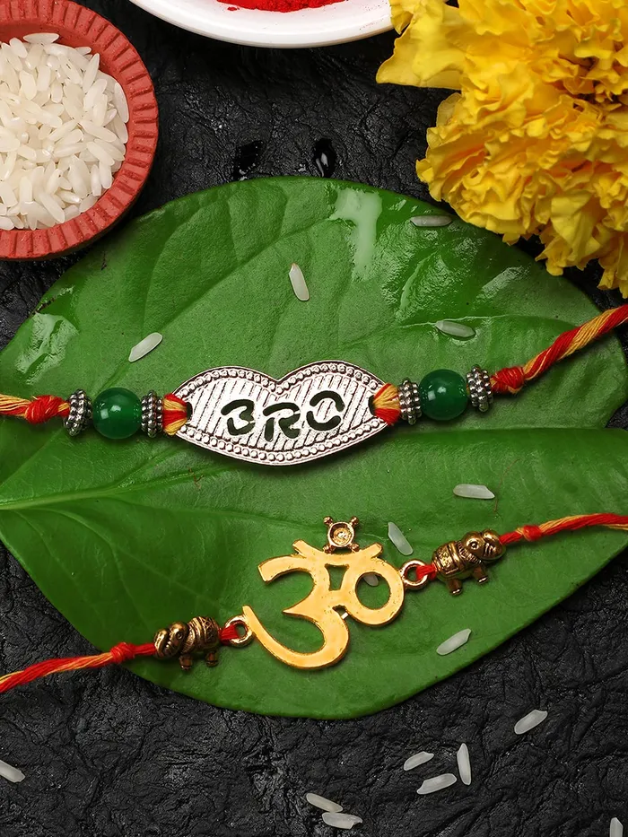 Yellow Chimes Yellow Chimes Set of 2 Pcs Handmade Dori Worked Silver Toned Swastik Design Rudraksh Rakhi for Brother with Roli Chawal Red Silver Medium YCTJRK04BHAYSL Necklaces