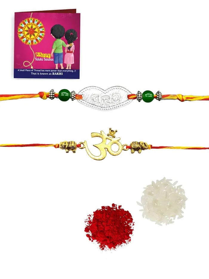 Yellow Chimes Yellow Chimes Set of 2 Pcs Handmade Dori Worked Silver Toned Swastik Design Rudraksh Rakhi for Brother with Roli Chawal Red Silver Medium YCTJRK04BHAYSL Necklaces