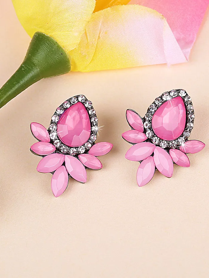 Yellow Chimes Yellow Chimes Sparkling Leafs Pink Shiny Flower Crystal Copper Stud Earrings for Women and Girls Necklaces