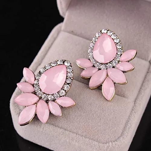 Yellow Chimes Yellow Chimes Sparkling Leafs Pink Shiny Flower Crystal Copper Stud Earrings for Women and Girls Necklaces