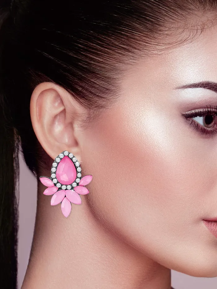 Yellow Chimes Yellow Chimes Sparkling Leafs Pink Shiny Flower Crystal Copper Stud Earrings for Women and Girls Necklaces