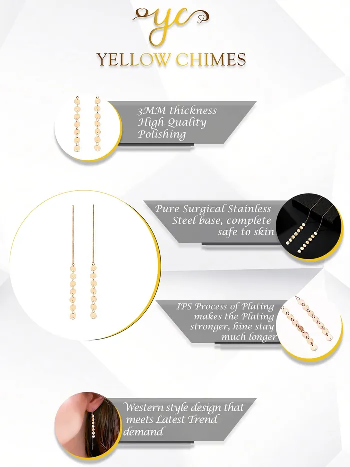 Yellow Chimes Yellow Chimes Threader Earrings for Women Western Rose Gold Plated Stainless Steel Long Chain Coin Threader Earrings For Women and Girls Earrings
