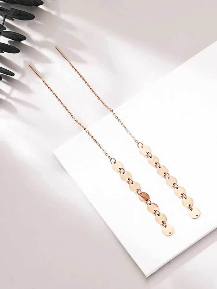 Yellow Chimes Yellow Chimes Threader Earrings for Women Western Rose Gold Plated Stainless Steel Long Chain Coin Threader Earrings For Women and Girls Earrings