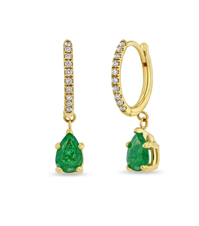 Zo Chicco Earrings 14K SMALL PAV DIAMOND HINGE HUGGIE HOOPS WITH PEAR EMERALDS